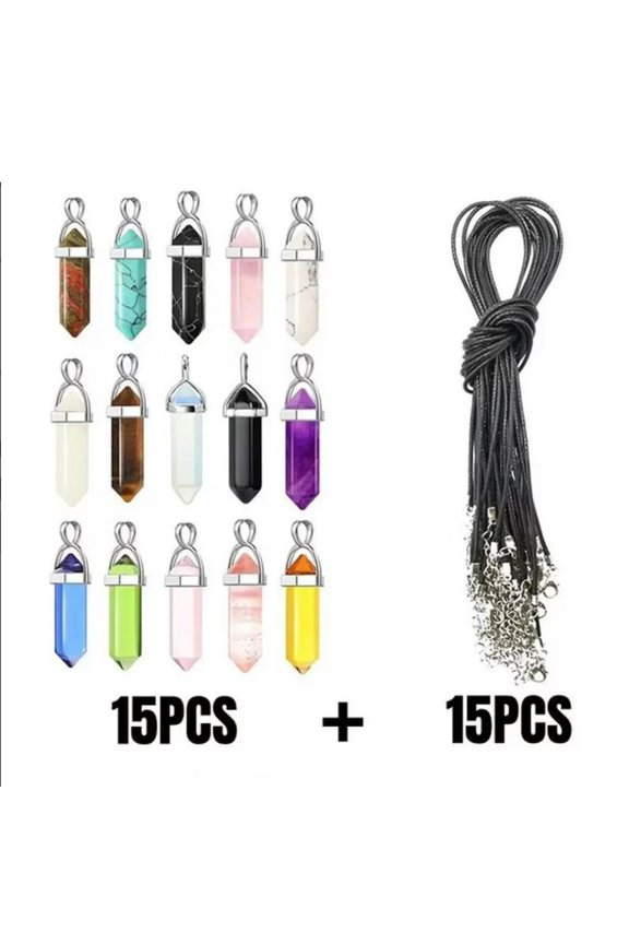 15pcs Crystal Chakra Pendants Multicolor Shine & Black Leather Necklace Chain-default