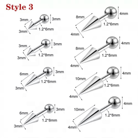 QQTDFG 16G 18G Stainless Steel Stud Earring Spike Helix Tragus Barbell Piercing Jewelry-Style 3-1.2mmx6mm-3x3mm