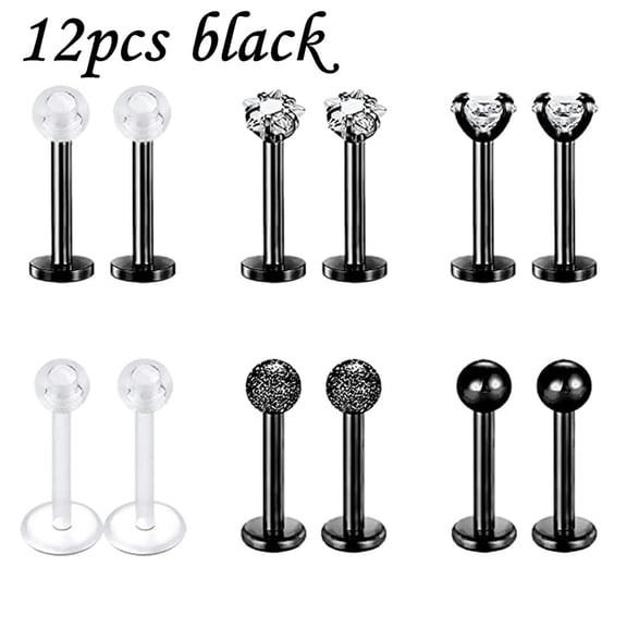 QQTDFG 16G Lip Studs Stainless Steel CZ Labret Lip Piercing Tragus Helix Earring Studs-12Pcs-Black
