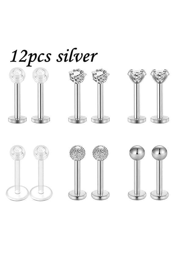 16G Lip Studs Stainless Steel CZ Labret Lip Piercing Tragus Helix Earring Studs-12Pcs-Silver