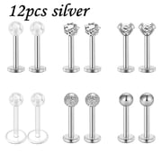 QQTDFG 16G Lip Studs Stainless Steel CZ Labret Lip Piercing Tragus Helix Earring Studs-12Pcs-Silver