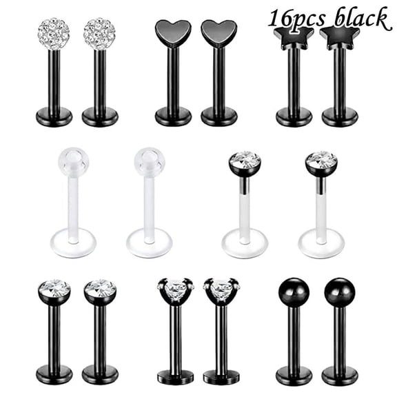 QQTDFG 16G Lip Studs Stainless Steel CZ Labret Lip Piercing Tragus Helix Earring Studs-16Pcs-Black
