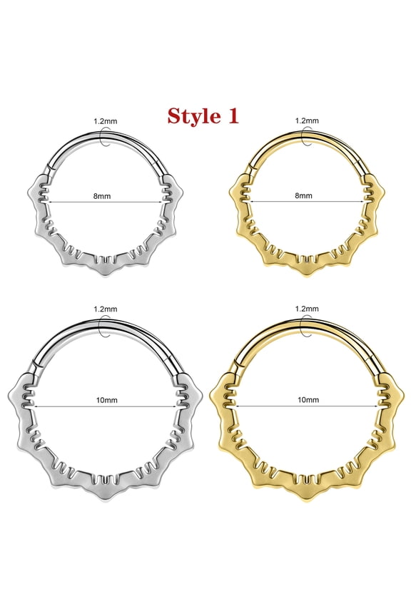 16G Stainless Steel Hoop Septum Ring Hinged Clicker Nose Piercing Jewelry 8-10mm-Style 1-Silver-8mm