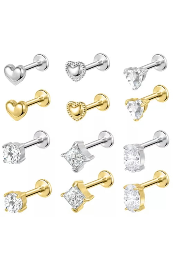 16G Stainless Steel Labret Studs Heart CZ Labret Lip Piercing Ear Helix Piercing-Gold-Style 2