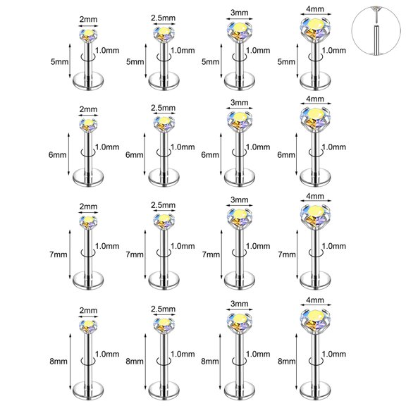 QQTDFG 16Pcs/Set Stainless Steel Push in Lip Ring CZ Labret Lip Piercing Helix Piercing-18g (16Pcs)