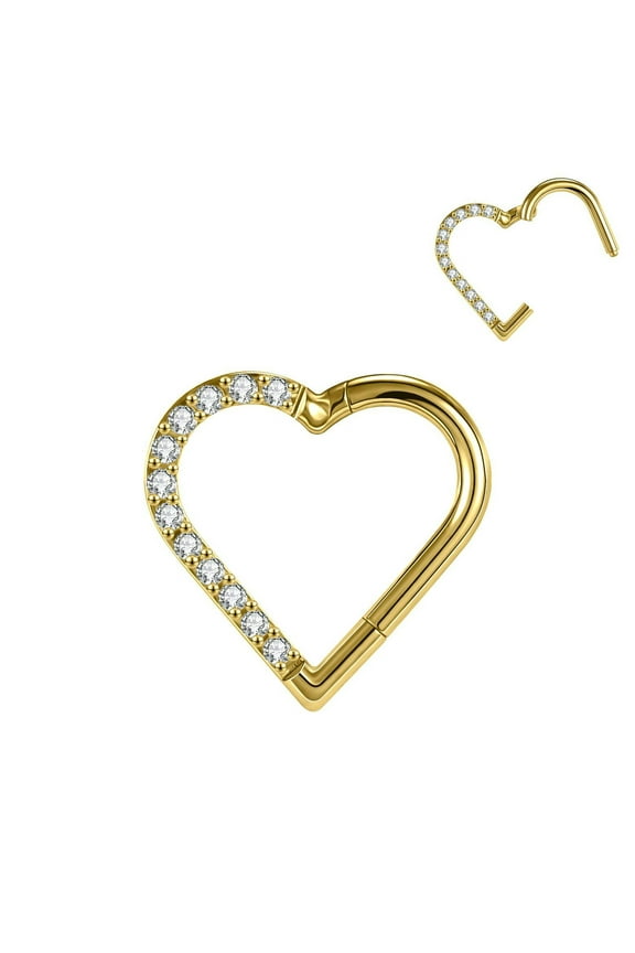 16g G23 Titanium Steel Nose Ring Heart CZ Hinged Segment Septum Piercing Jewelry-Gold-Right Zircon-8mm