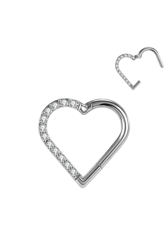 16g G23 Titanium Steel Nose Ring Heart CZ Hinged Segment Septum Piercing Jewelry-Silver-Left Zircon-8mm