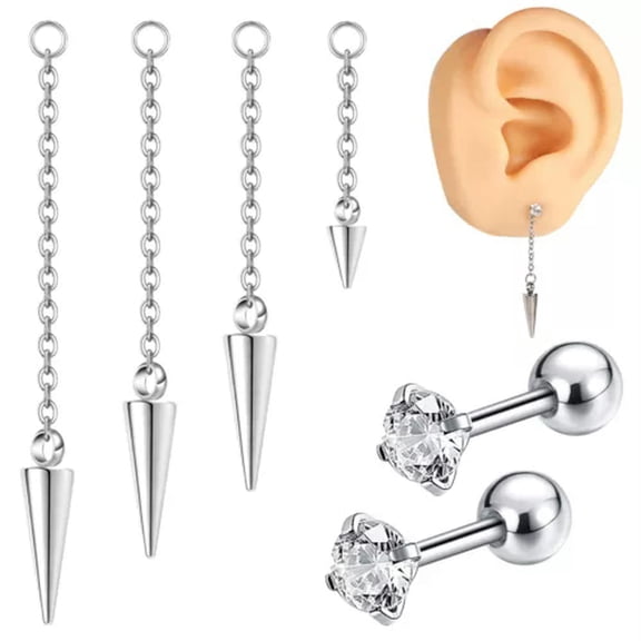 QQTDFG 18G Stainless Steel Spike Drop Dangle Earrings Stud Earrings Chain Accessories-Silver-20mm