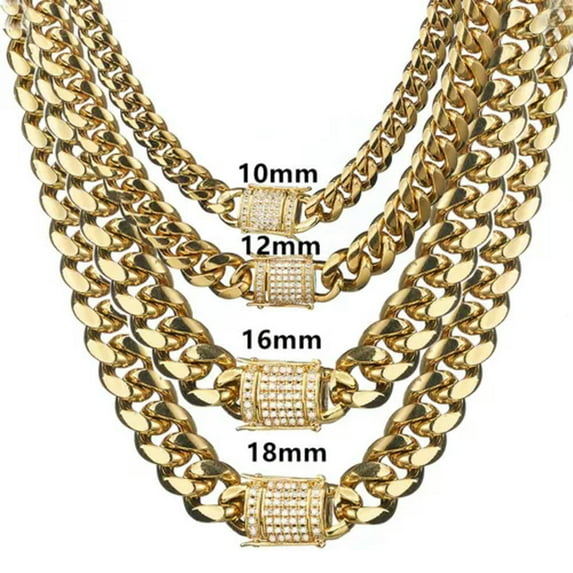 QQTDFG 18K Gold Plated Mens Miami Cuban Link Bracelet or Chain Necklace Stainless Steel-14mm-38inch or 96cm-Gold