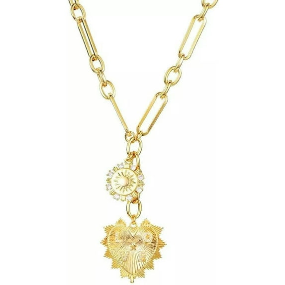 QQTDFG 18K Gold Plated Sun Heart Multi Pendants Chunky Chain Choker Necklace for Women-default