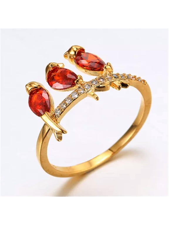 18K Yellow Gold Filled Women Birds Crystal Rings Men Rings J013-7-Red