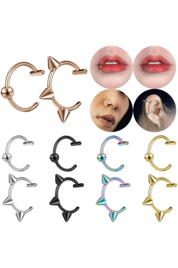 18g Fake Labret Piercing C-Shaped Stainless Steel Lip Ring Ear Nose Cuff Jewelry-Spike-Multicolor