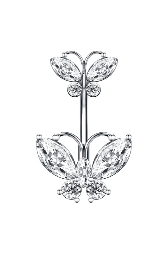 1Pc Stainless Steel CZ Zircon Belly Button Ring 14G Bat Butterfly Navel Piercing-Butterfly2-White
