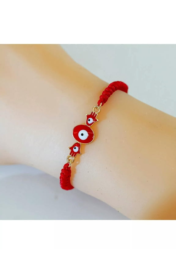 1pc Evil Eye Hamsa Hand Beaded Bracelet, Red Braid Rope & Eye Detail Adjustable-default