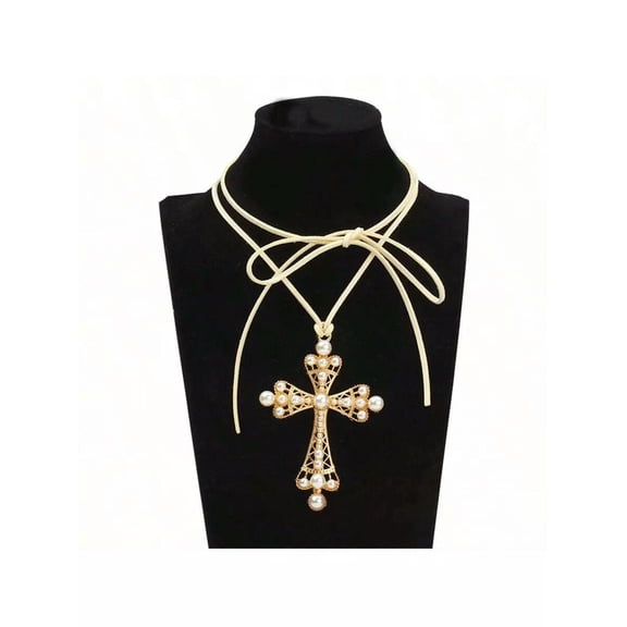 QQTDFG 1pc Exaggerated Cross & Rhinestone Decor Choker Necklace With Pull Cord For-default