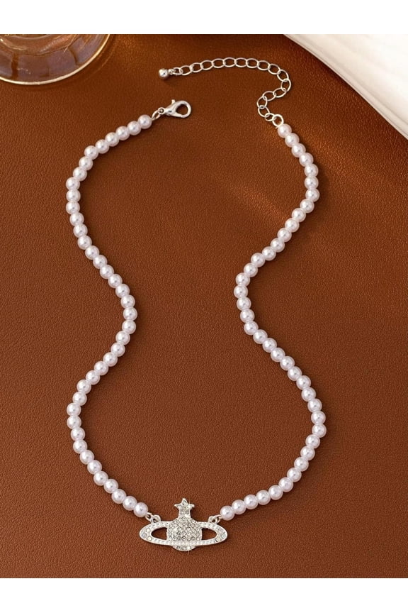 1pc Faux Pearl Pendant Necklace With Detailed Star Shaped Planet Design-default