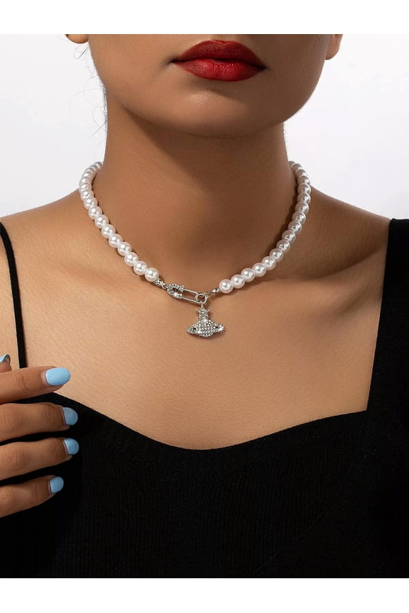 1pc Geometric Rhinestone Decor Brooch With Faux Pearl & Planet Pendant Necklace,-default