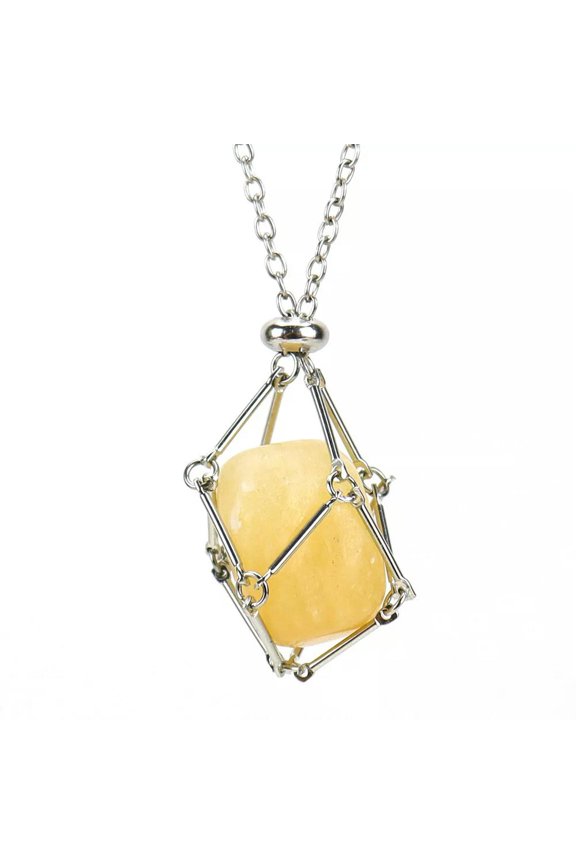 1pc Handmade yellow jade Crystal Pendant Holder Necklace Stainless Steel Cage-default