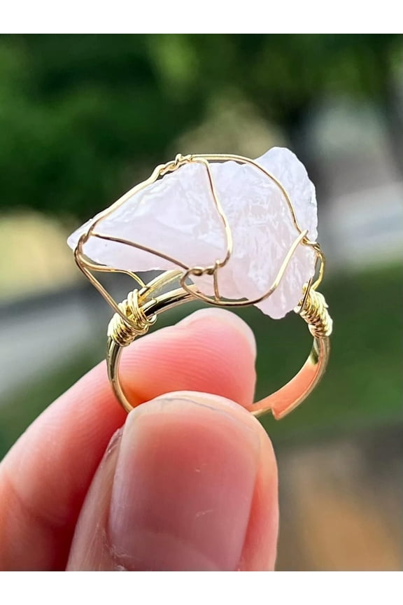 1pc Natural Rose Quartz Crystal Ring Chakra Reiki Healing Amulet Energy-default