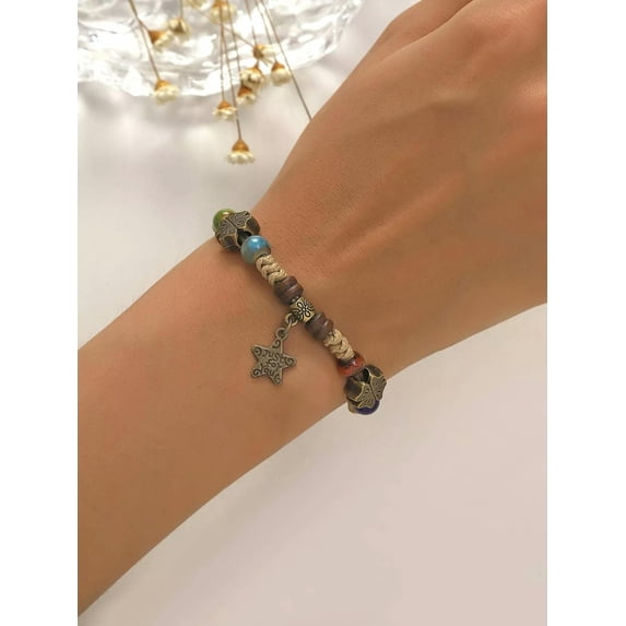 QQTDFG 1pc Vintage Porcelain Star Charm Bead Decor String Bracelet For Women-default