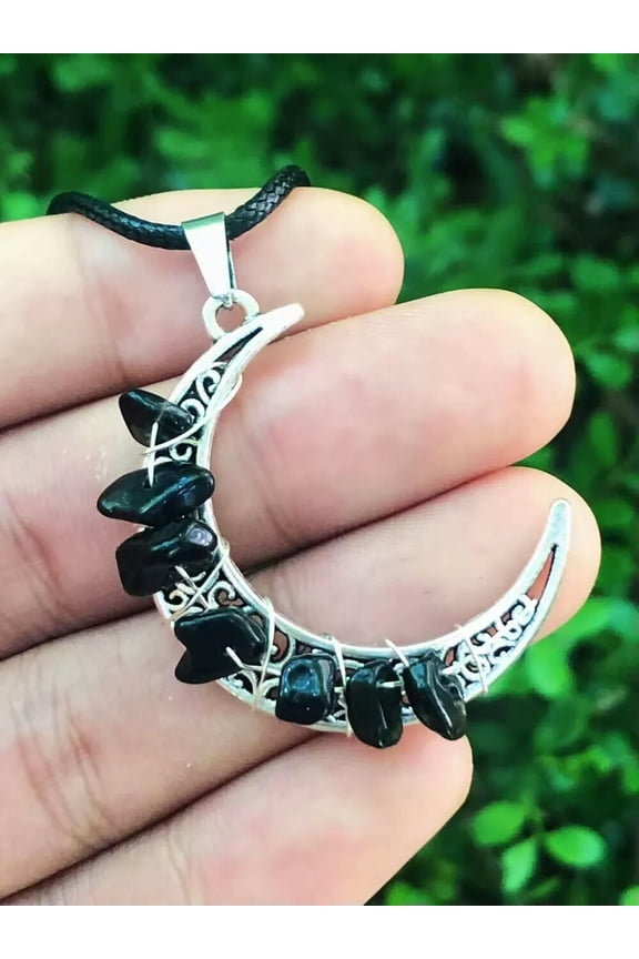 1pcs Healing Black onyx Stone Moon Necklace For Creative Birthday Gift-default