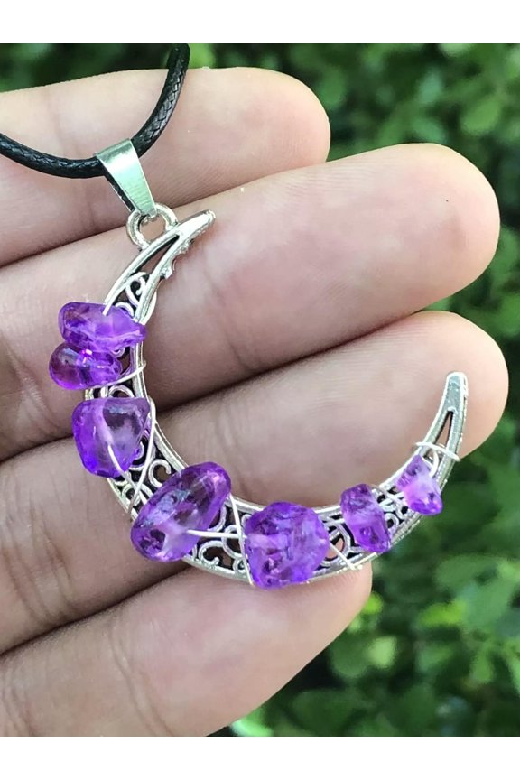 1pcs Healing Violet Crystal Stone Moon Necklace For Creative Birthday Gift-default