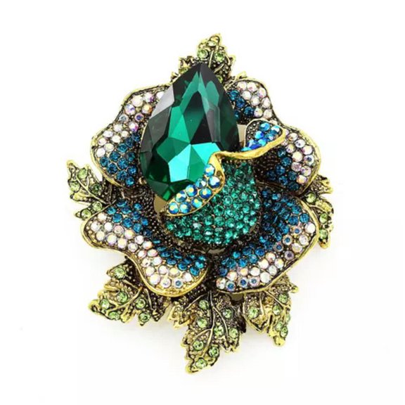 QQTDFG 2.79" Bling Full Crystal Rhinestone Wedding Rose Flower Charm Pendant Brooch Pin-Green