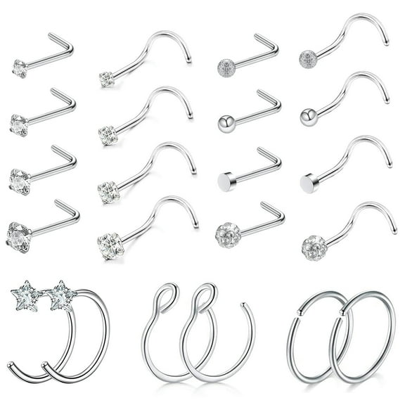 QQTDFG 20/22Pcs 20g Nose Studs Surgical Steel Septum Ring I/L/S Shape Nostril Piercing-L shape&S shape-22pcs
