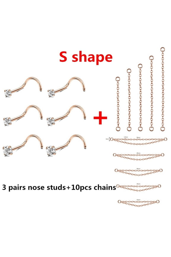 20G Stainless Steel Nose Studs CZ Rose Gold Nose Chain Nostril Piercing Jewelry-S shape