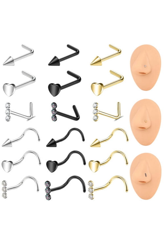 20g Stainless Steel Nose Stud Heart Spike Nose Piercing Crystal Nostril Piercing-Spike-L Shape-Black
