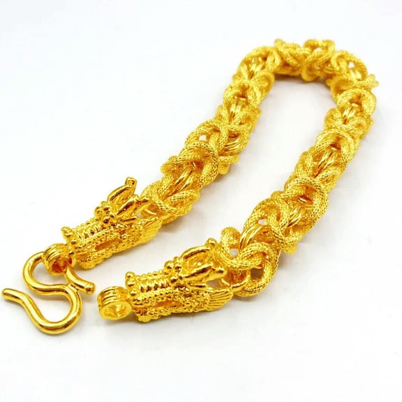 QQTDFG 24K Yellow Gold Plated Double Dragon Head Strong Men's Chains Bracelet 8"-default