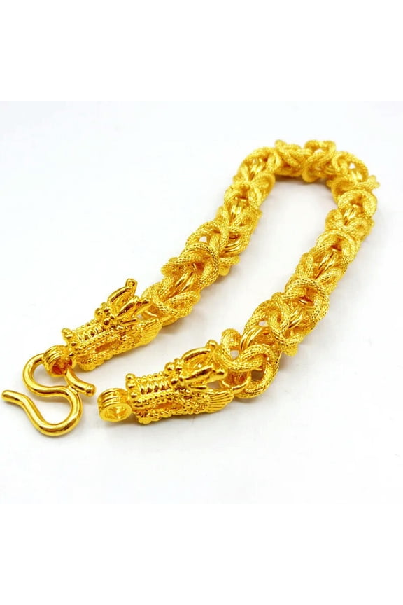 24K Yellow Gold Plated Double Dragon Head Strong Men's Chains Bracelet 8"-default