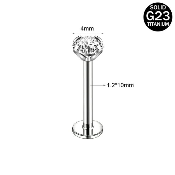 QQTDFG 2Pcs 16G Titanium Steel Lip Rings Round CZ Thread Labret Stud Ear Helix Piercing-1.2*10*4mm