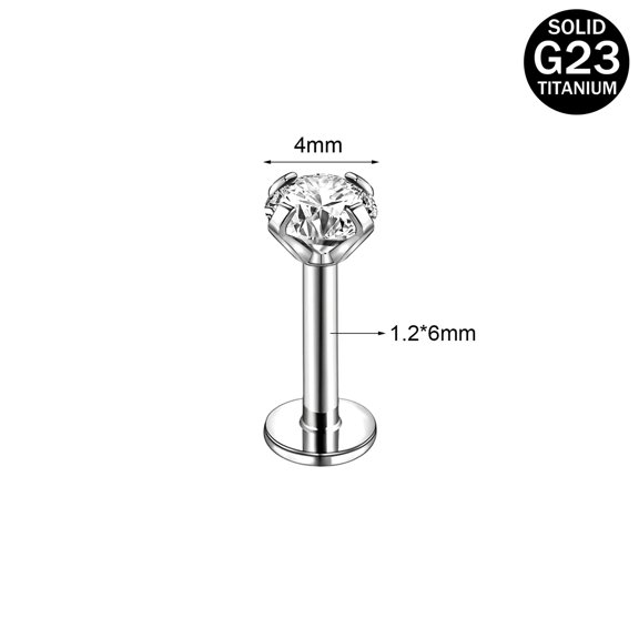 QQTDFG 2Pcs 16G Titanium Steel Lip Rings Round CZ Thread Labret Stud Ear Helix Piercing-1.2*6*4mm