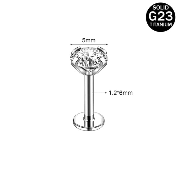 QQTDFG 2Pcs 16G Titanium Steel Lip Rings Round CZ Thread Labret Stud Ear Helix Piercing-1.2*6*5mm