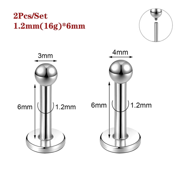 QQTDFG 2Pcs Stainless Steel Labret Lip Ring Helix Earring Lip Piercing Jewelry 6/8/10mm-1.2mm(16g)*6mm