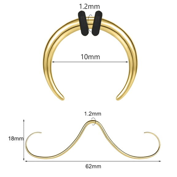 QQTDFG 2Pcs Surgical Steel Mustache Nose Rings Bull Horn Septum Piercings Ear Piercings-Gold-16G (1.2mm)