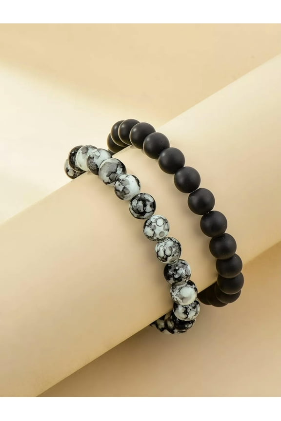 2pcs Black and White Pattern Stone Beaded Bracelet Stackable Stretch Bracelets-default