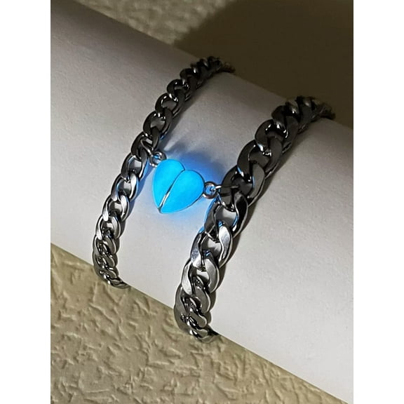 QQTDFG 2pcs Couple Glow In The Dark Magnetic Heart Charm Bracelet Stainless Steel Punk-default