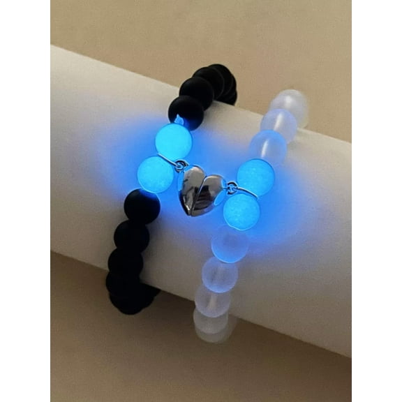 QQTDFG 2pcs Couple Glow In The Dark Magnetic Heart Charm Matte Black Clear Bracelet-default