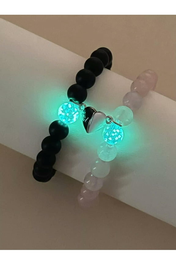 2pcs Couple Glow In The Dark Magnetic Heart Charm Pink and Black Beaded-default
