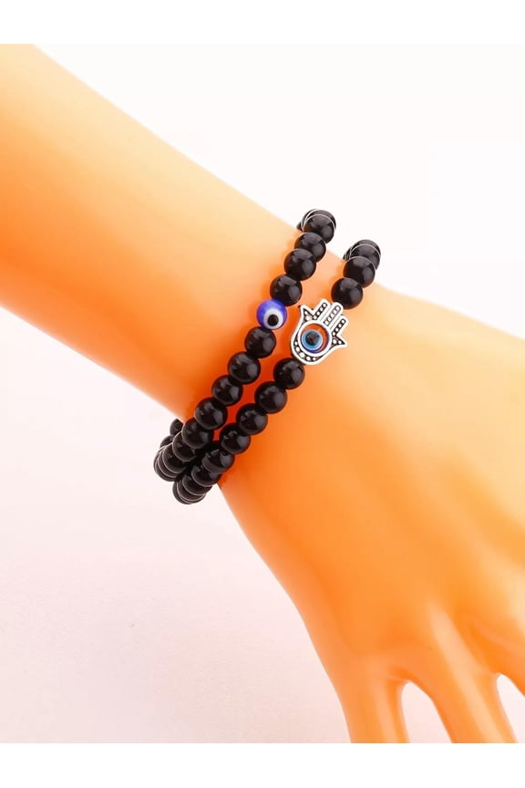 2pcs Evil Eye Detail Hamsa Hand Decor Beaded Bracelet Boho Crafted Creative-default