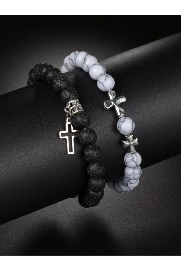 2pcs Men Cross Charm Marble and Lava Beaded Bracelet Creative Jewelry Stackable-default