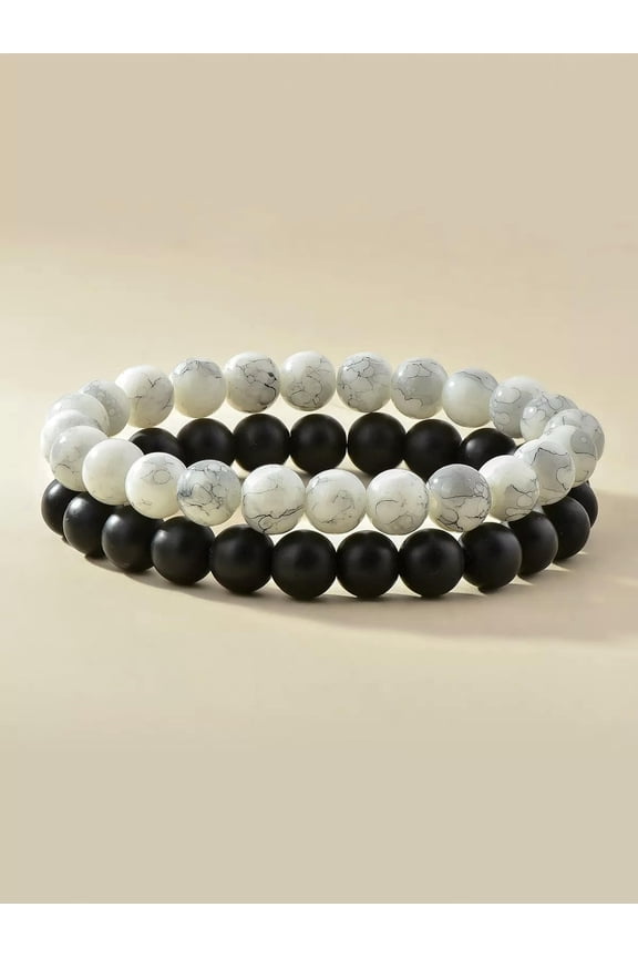 2pcs Minimalist Marbled Pattern Beaded Bracelet Stackable Stretch Bracelets-default