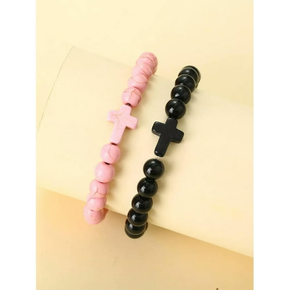 QQTDFG 2pcs Pink and Black Couple Cross Decor Beaded Bracelet Stackable Stretch-default