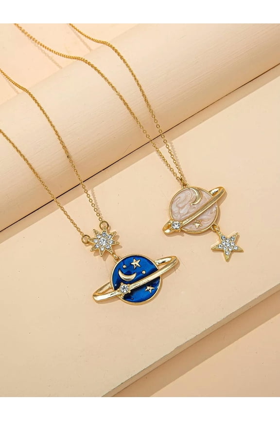 2pcs Rhinestone Star Planet Charm Necklace for Couples Friendship Necklace-default