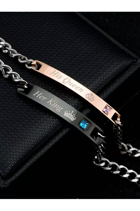 2pcs/set Fashionable Rhinestone Decor Letter & Crown Pattern Chain Bracelet For-default