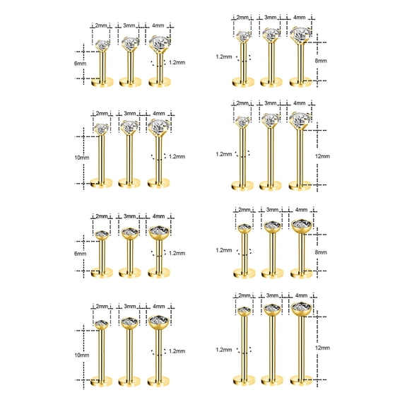 QQTDFG 3 Pcs/lot 16G Stainless Steel Labret Lip Piercing CZ Crystal Ear Helix Piercing-Gold-Set 8