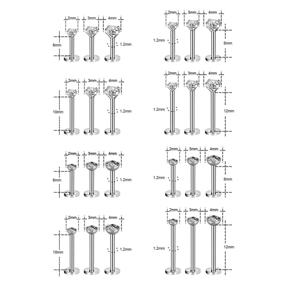 QQTDFG 3 Pcs/lot 16G Stainless Steel Labret Lip Piercing CZ Crystal Ear Helix Piercing-Silver-Set 7