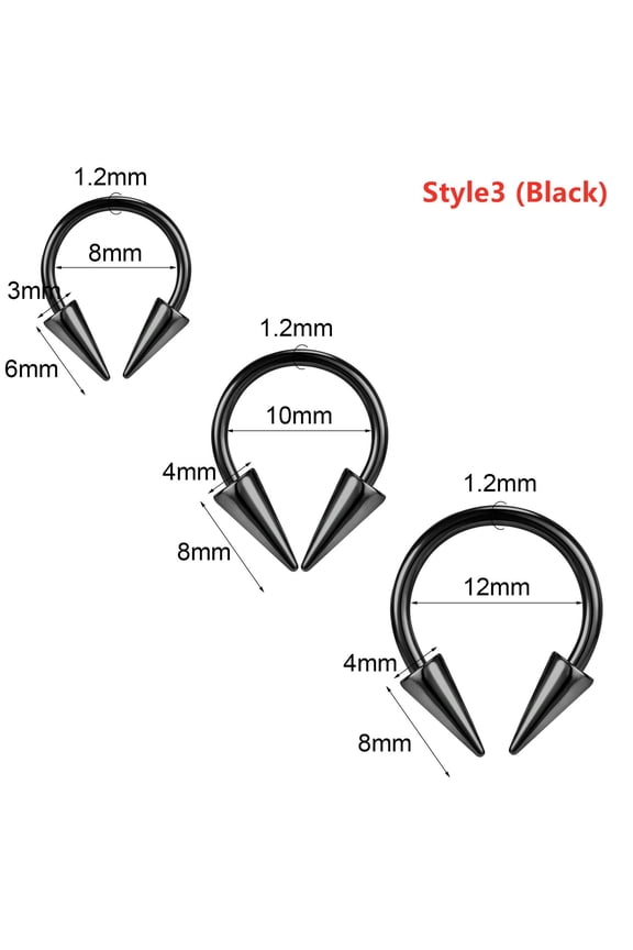 3 Pcs/lot 16g Stainless Steel Septum Rings Spike Cone Ear Lip Piercing Jewelry-Style3 (Black)